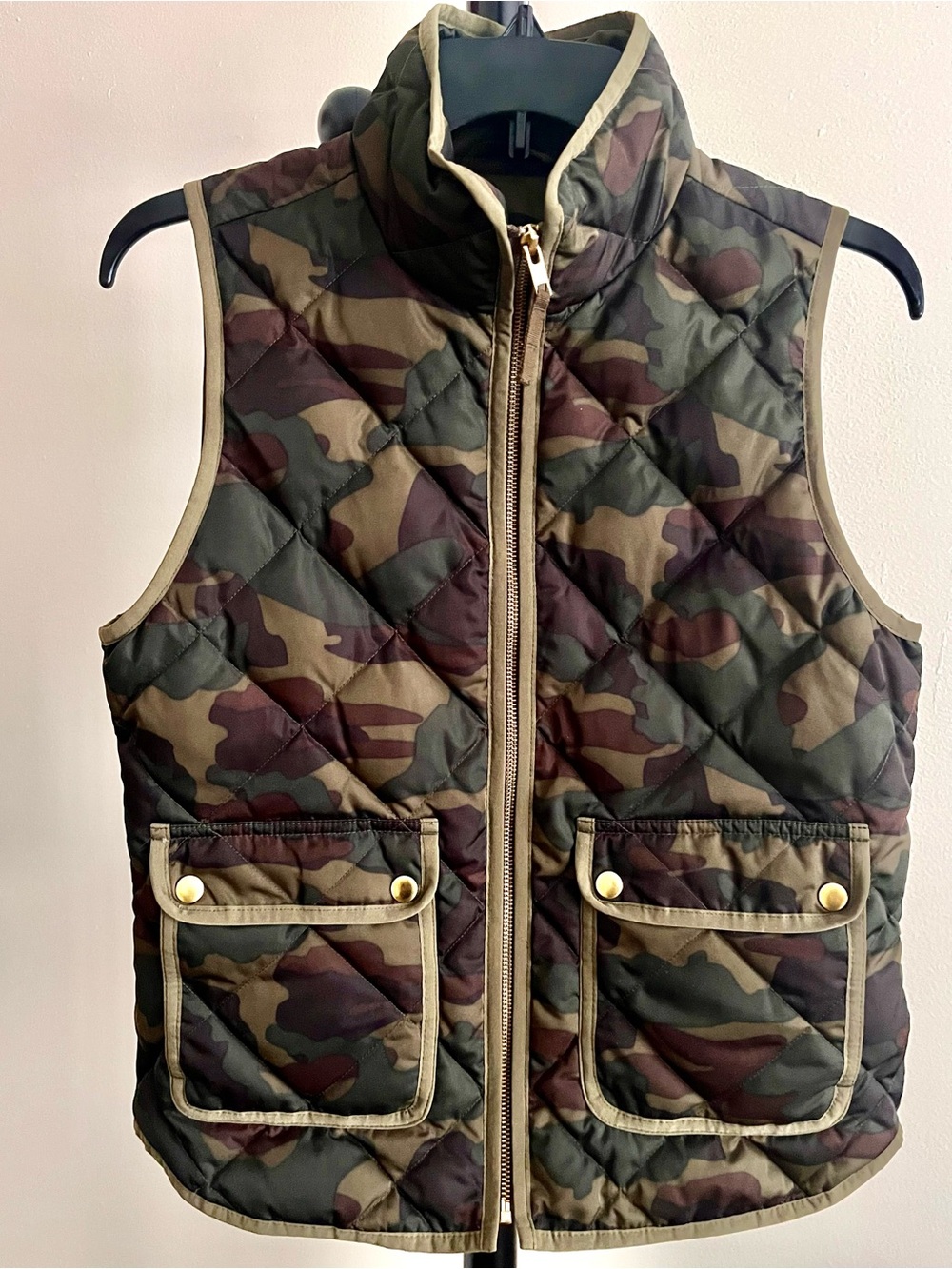 J. Crew Quilted Camouflage Puffer Vest in Olive, Brown